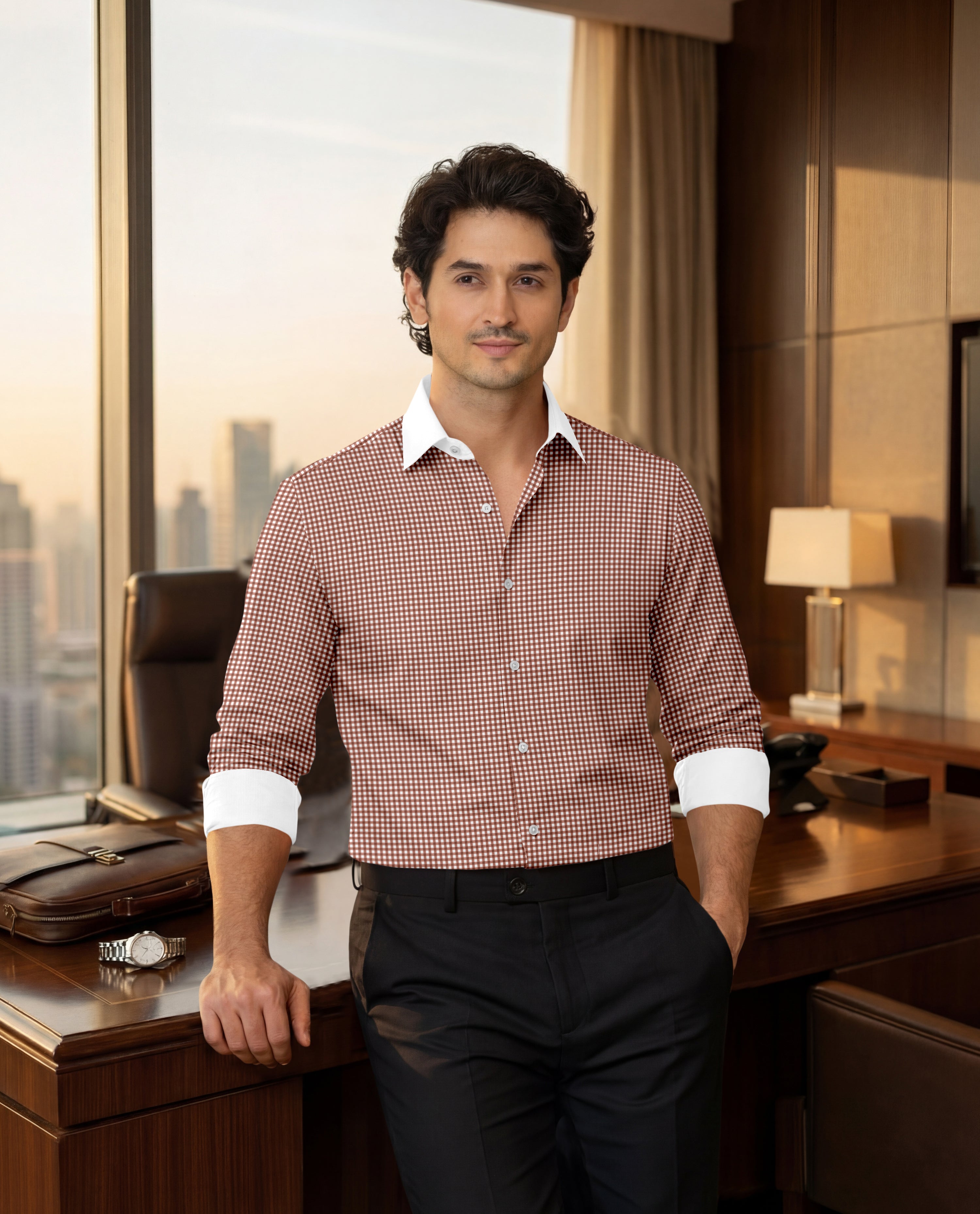 Royal French Micro Check Oxford Cotton Maroon With White Cuff Collar Shirt