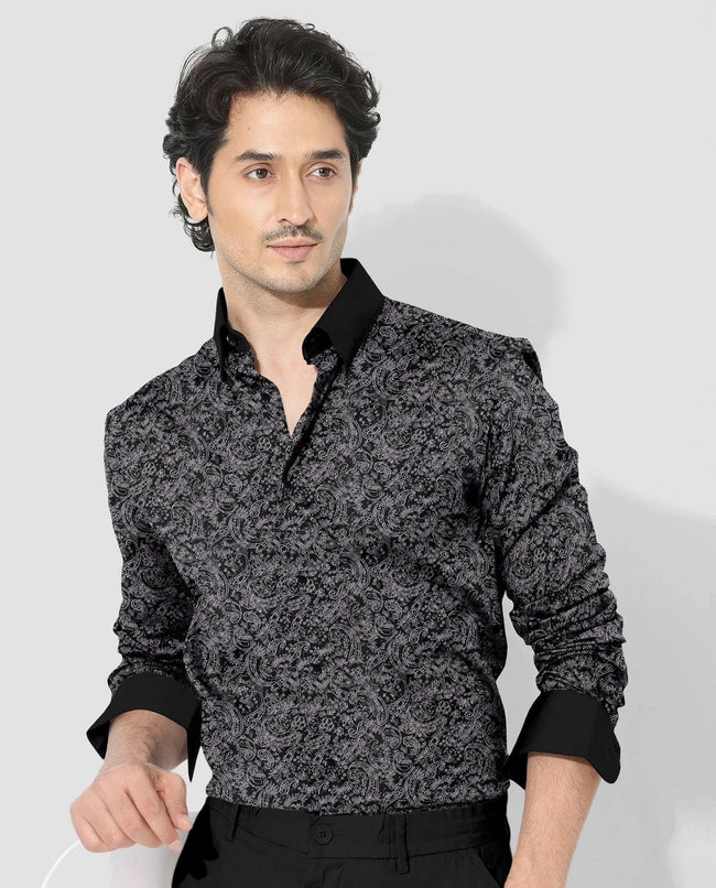 Carbon Black and Meteorite Grey Paisley Pattern Printed Designer Giza Cotton Full Sleeve Shirt Main Image