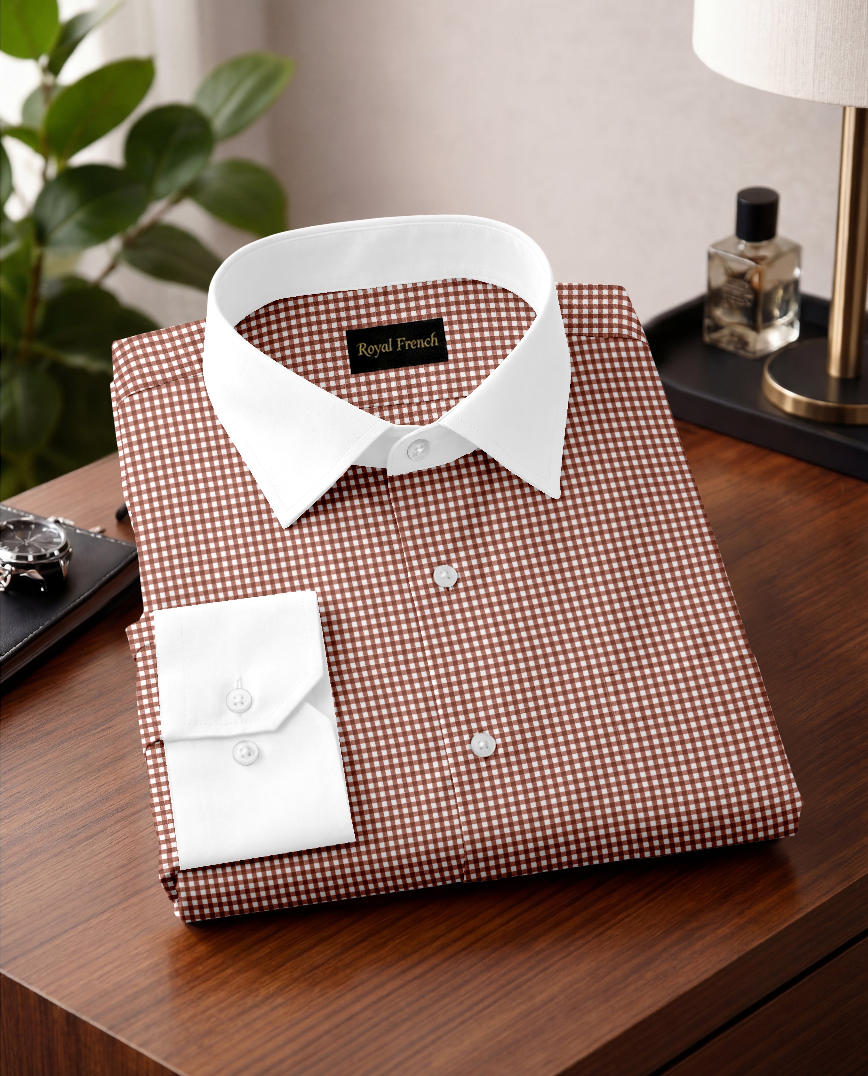Royal French Micro Check Oxford Cotton Maroon With White Cuff Collar Shirt
