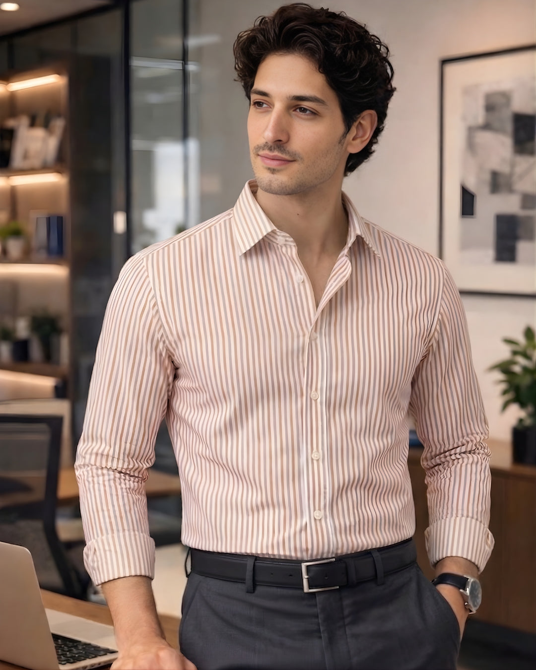 Barboni Orange Striped Full  Sleeve Classic Fit Classic Formal Egyptian Giza Silk Touch Cotton Shirt.