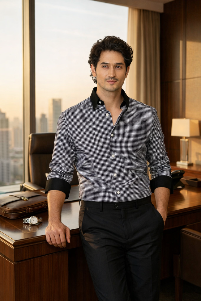 Royal French Micro Check Contrast Premium Shirt Hover Image