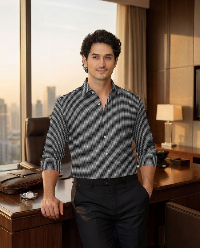 Royal French Micro Check Contrast Premium Black Plane Shirt Main Image