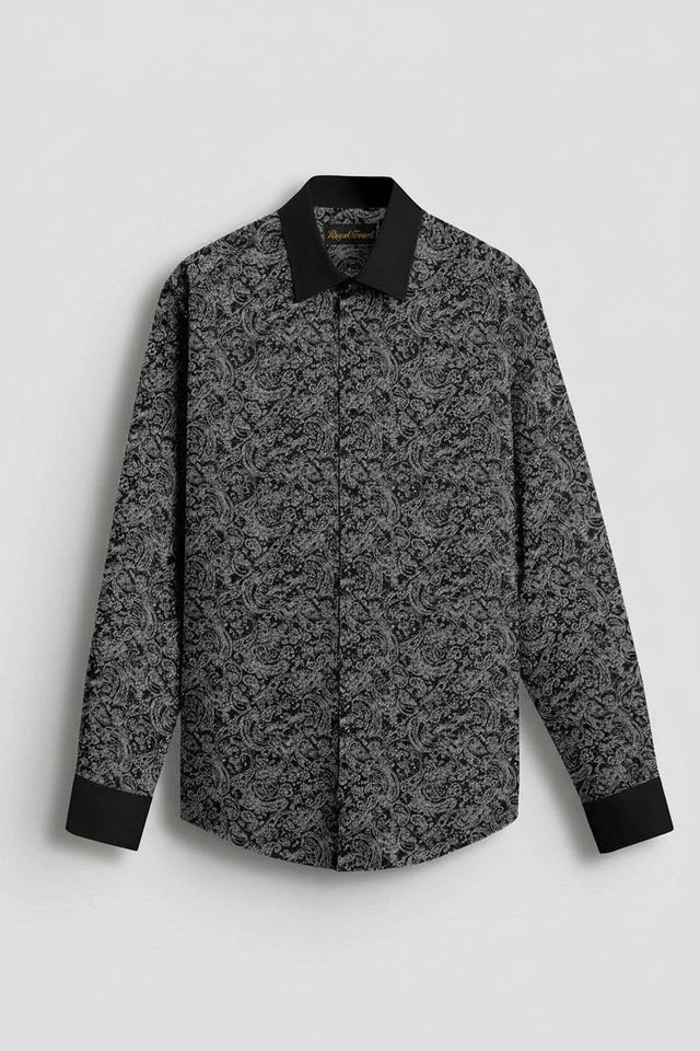 Carbon Black and Meteorite Grey Paisley Pattern Printed Designer Giza Cotton Full Sleeve Shirt