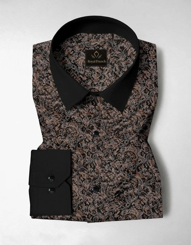Carbon Black and Nutria Brown Paisley Pattern Printed Designer Cotton Full Sleeve Shirt