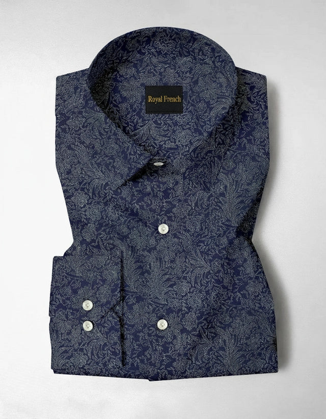 Insignia Blue With Olive Green Vector Flower Printed Cotton Long Sleeve Shirt Hover Image