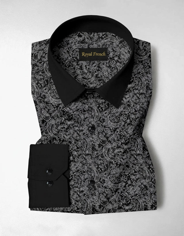 Carbon Black and Meteorite Grey Paisley Pattern Printed Designer Giza Cotton Full Sleeve Shirt